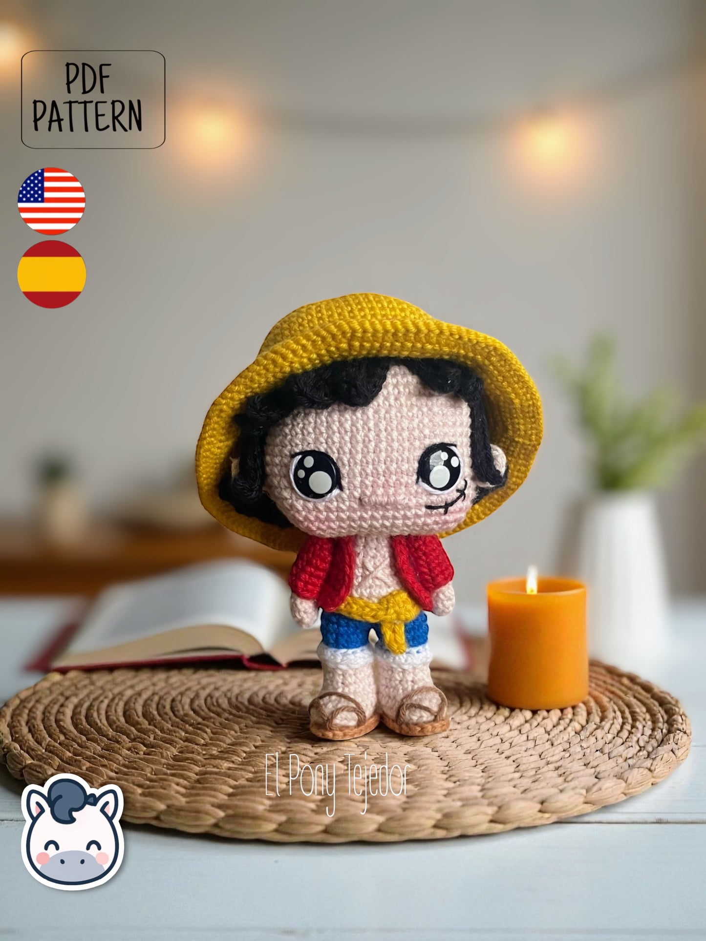 Handmade Monkey D. Luffy amigurumi inspired by Eiichiro Oda’s One Piece, a perfect pattern for fans of pirates, anime adventures, and Japanese manga classics.