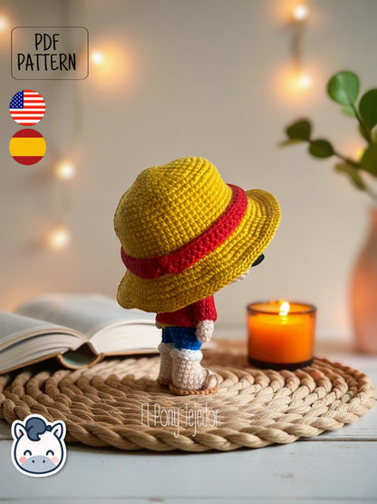 Handmade Monkey D. Luffy amigurumi inspired by Eiichiro Oda’s One Piece, a perfect pattern for fans of pirates, anime adventures, and Japanese manga classics.