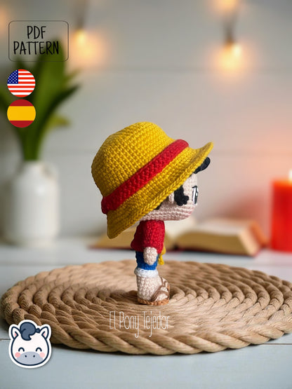 Handmade Monkey D. Luffy amigurumi inspired by Eiichiro Oda’s One Piece, a perfect pattern for fans of pirates, anime adventures, and Japanese manga classics.