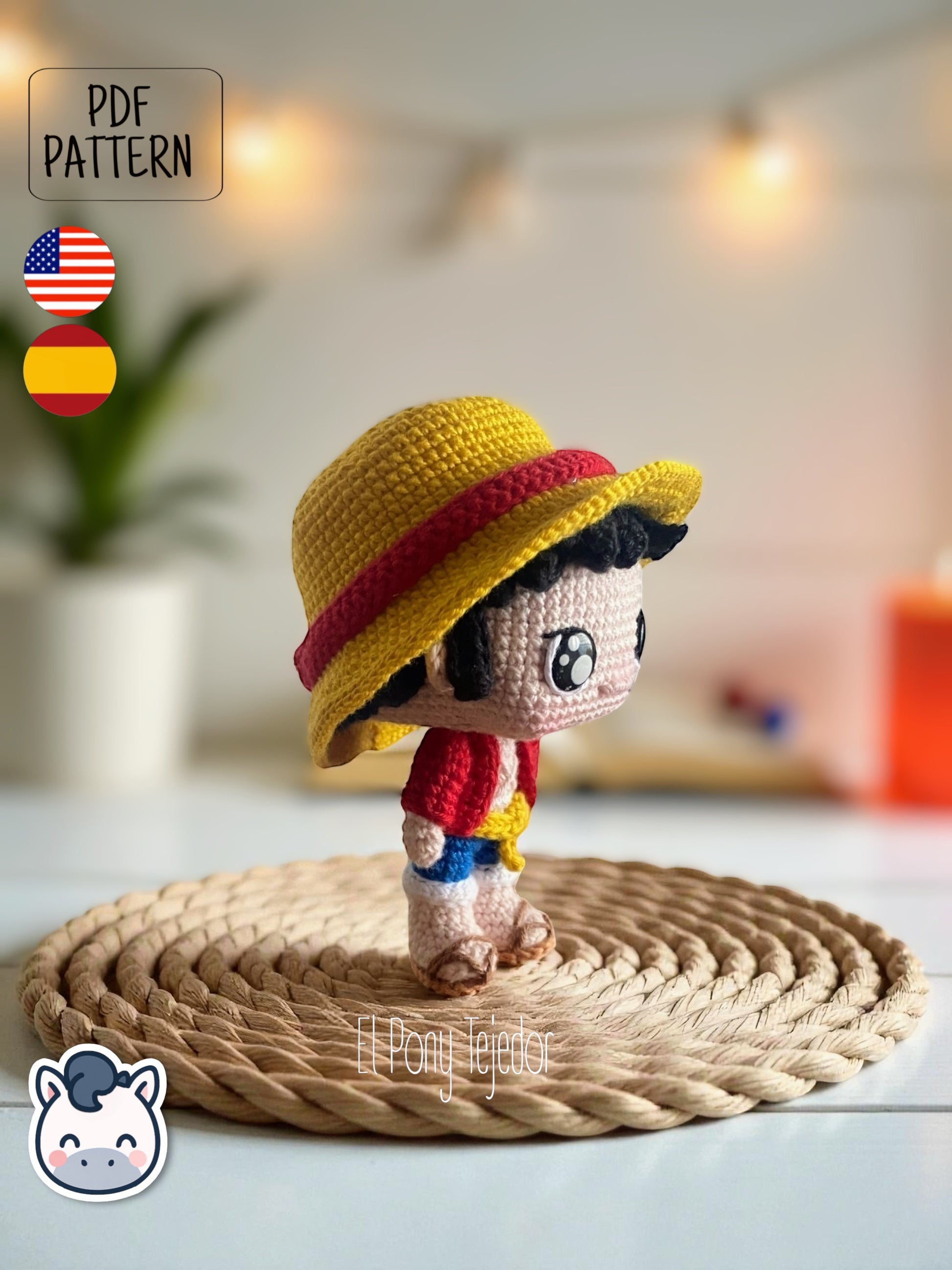 Handmade Monkey D. Luffy amigurumi inspired by Eiichiro Oda’s One Piece, a perfect pattern for fans of pirates, anime adventures, and Japanese manga classics.