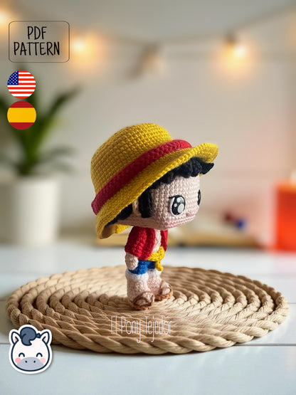 Handmade Monkey D. Luffy amigurumi inspired by Eiichiro Oda’s One Piece, a perfect pattern for fans of pirates, anime adventures, and Japanese manga classics.