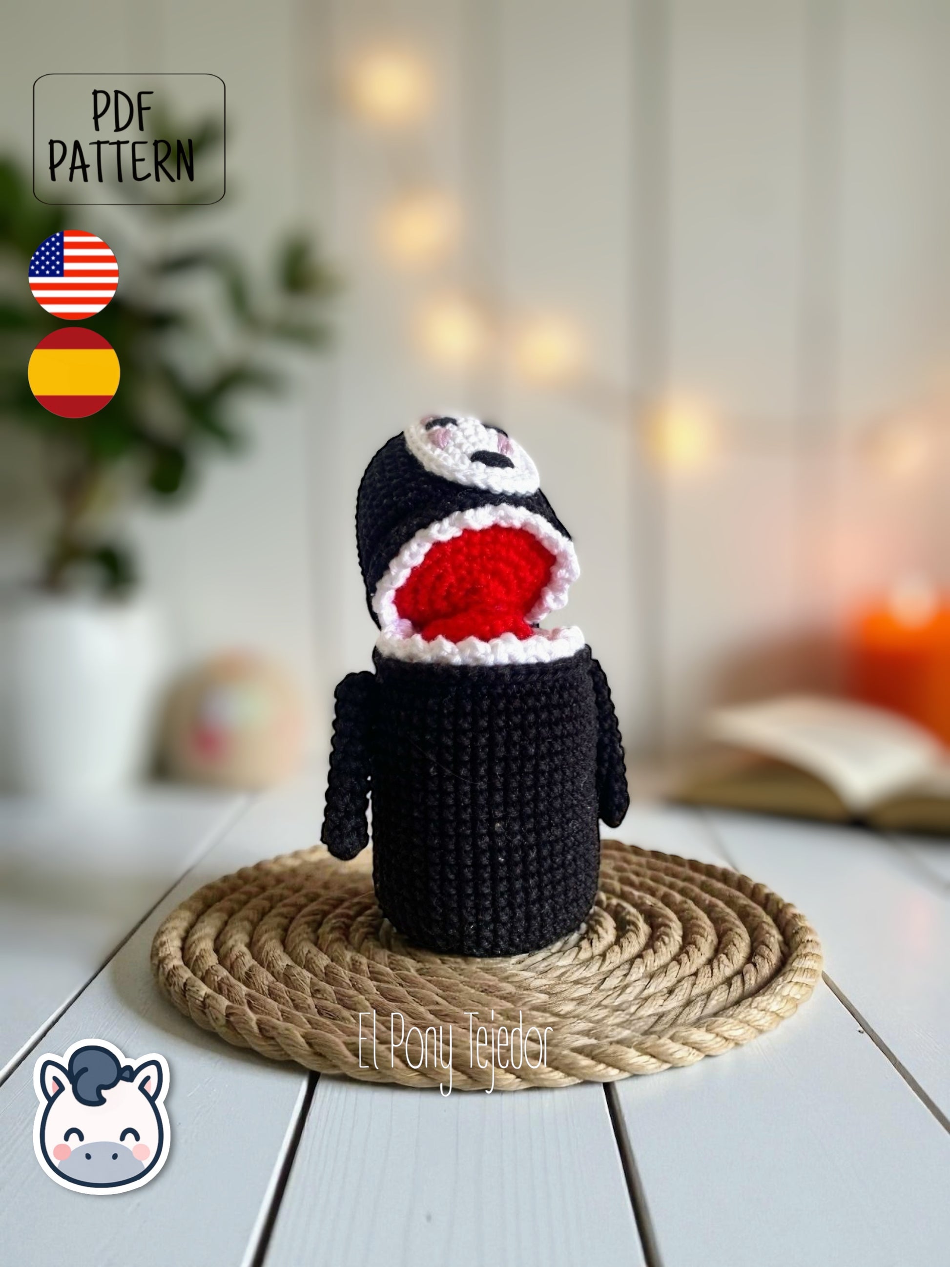 Handmade No Face amigurumi inspired by Studio Ghibli’s Spirited Away, a perfect pattern for fans of Ghibli, Halloween, and mysterious anime spirits.