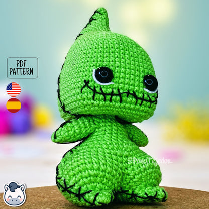 Handmade Oogie Boogie amigurumi inspired by The Nightmare Before Christmas, spooky Halloween crochet pattern PDF.