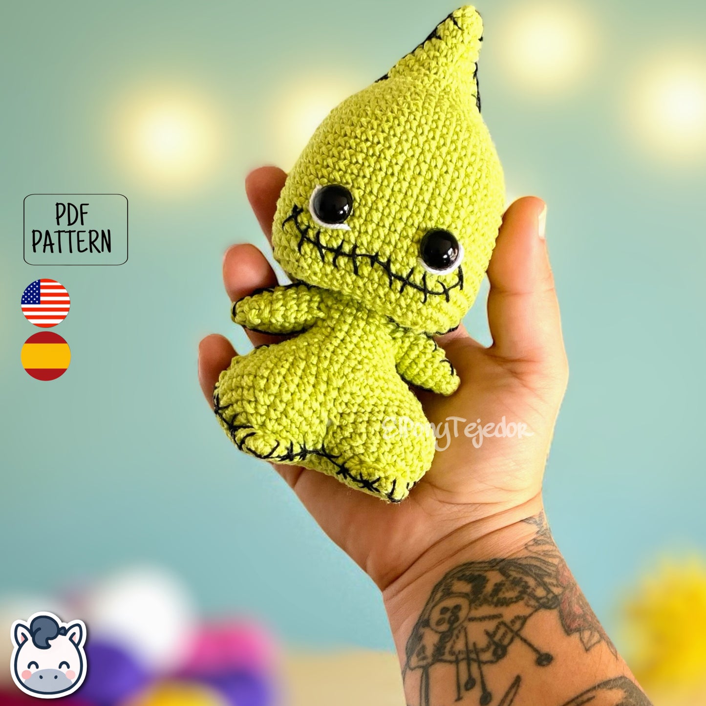 Handmade Oogie Boogie amigurumi inspired by The Nightmare Before Christmas, spooky Halloween crochet pattern PDF.