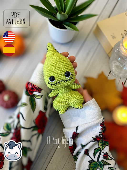 Handmade Oogie Boogie amigurumi inspired by The Nightmare Before Christmas, spooky Halloween crochet pattern PDF.
