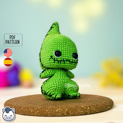 Handmade Oogie Boogie amigurumi inspired by The Nightmare Before Christmas, spooky Halloween crochet pattern PDF.