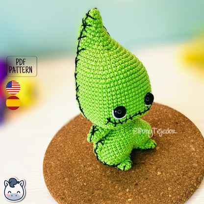 Handmade Oogie Boogie amigurumi inspired by The Nightmare Before Christmas, spooky Halloween crochet pattern PDF.