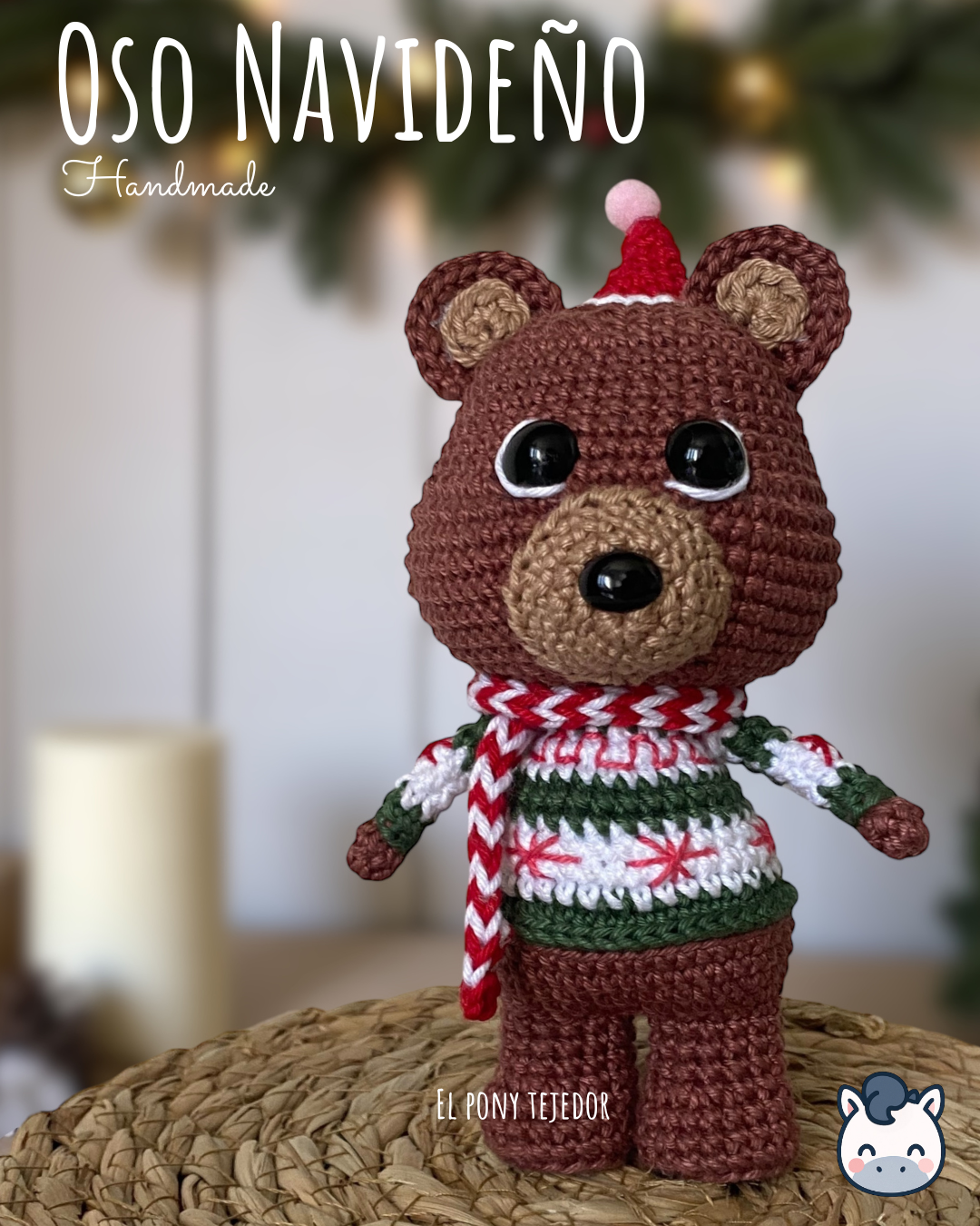 Handmade Christmas Bear plush amigurumi with cozy winter sweater and hat, perfect for Christmas décor and artisanal gift ideas.