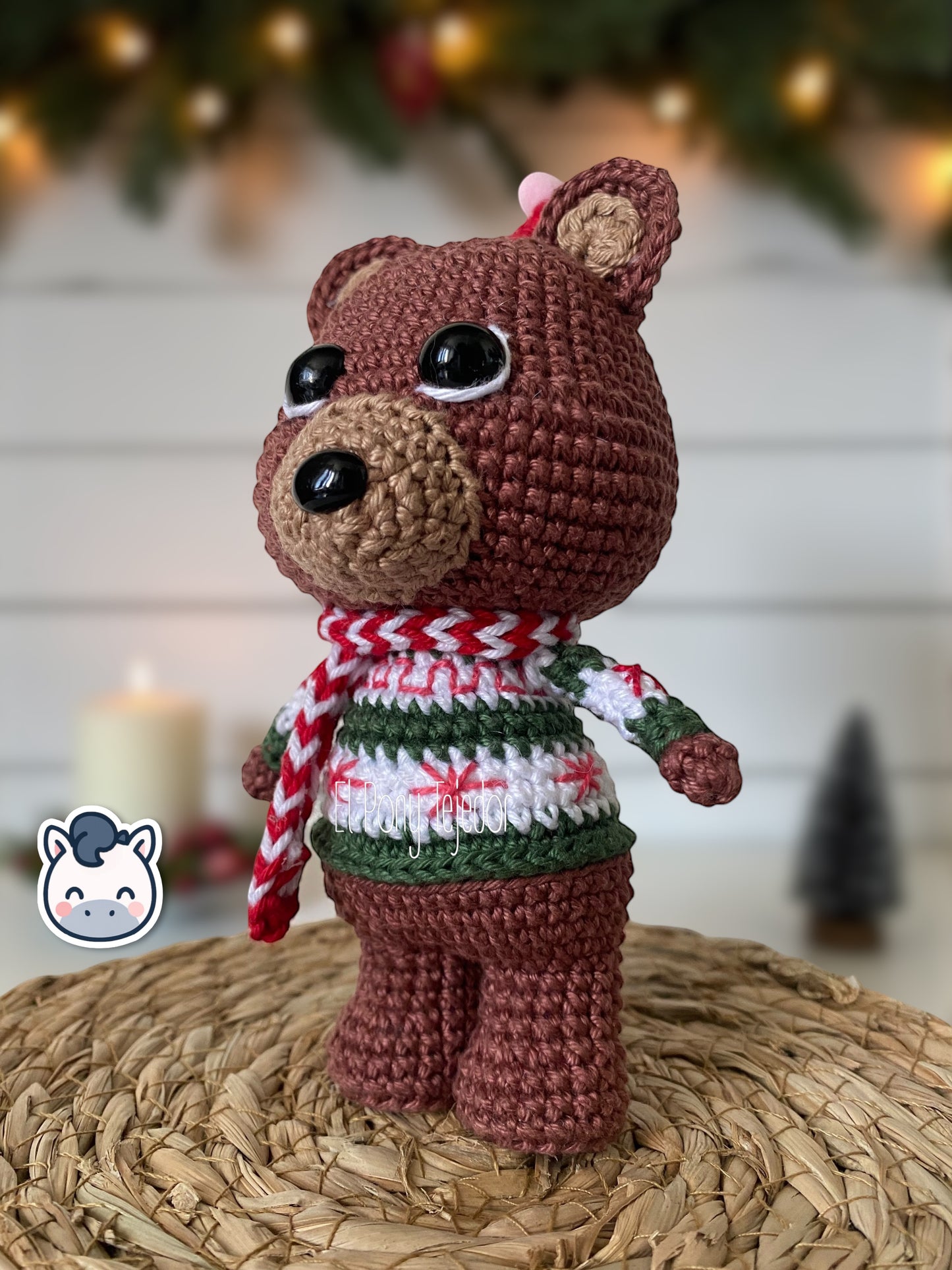 Handmade Christmas Bear plush amigurumi with cozy winter sweater and hat, perfect for Christmas décor and artisanal gift ideas.