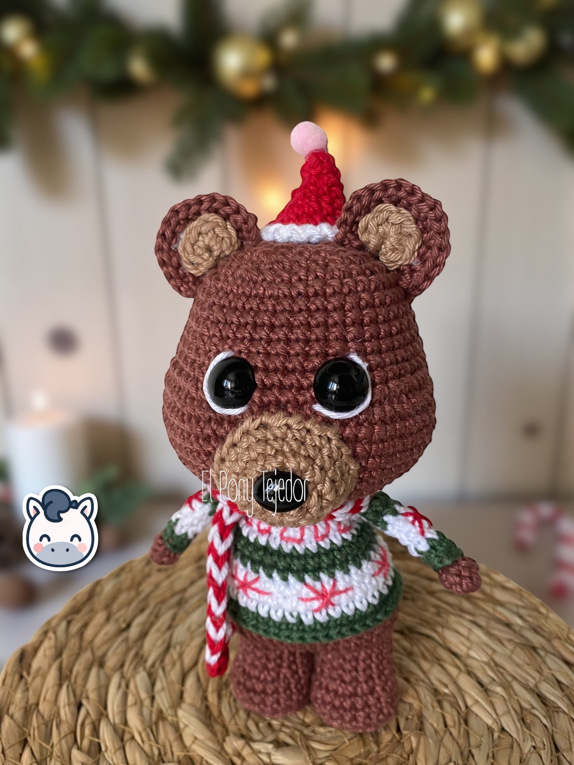 Handmade Christmas Bear plush amigurumi with cozy winter sweater and hat, perfect for Christmas décor and artisanal gift ideas.
