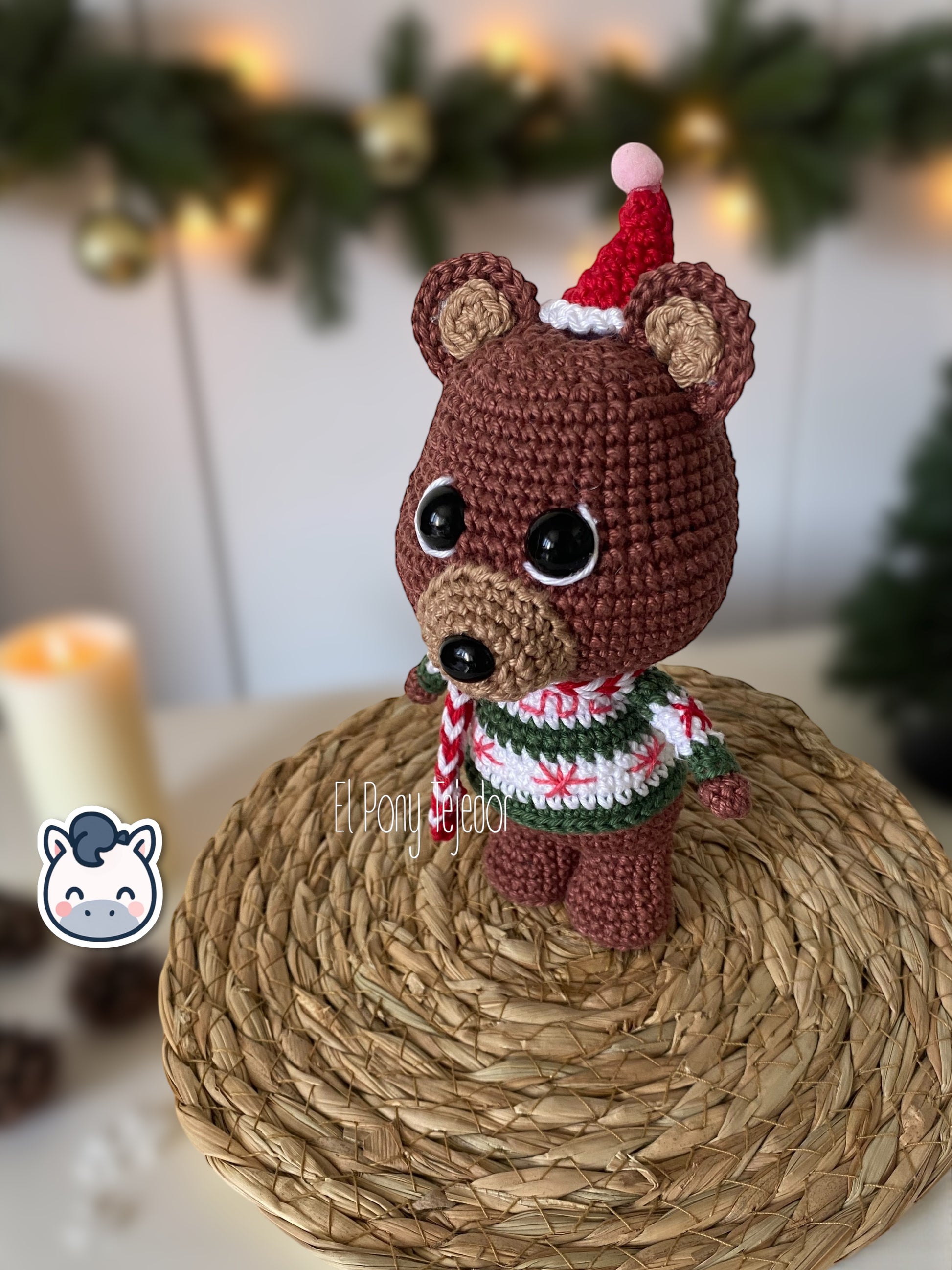 Handmade Christmas Bear plush amigurumi with cozy winter sweater and hat, perfect for Christmas décor and artisanal gift ideas.