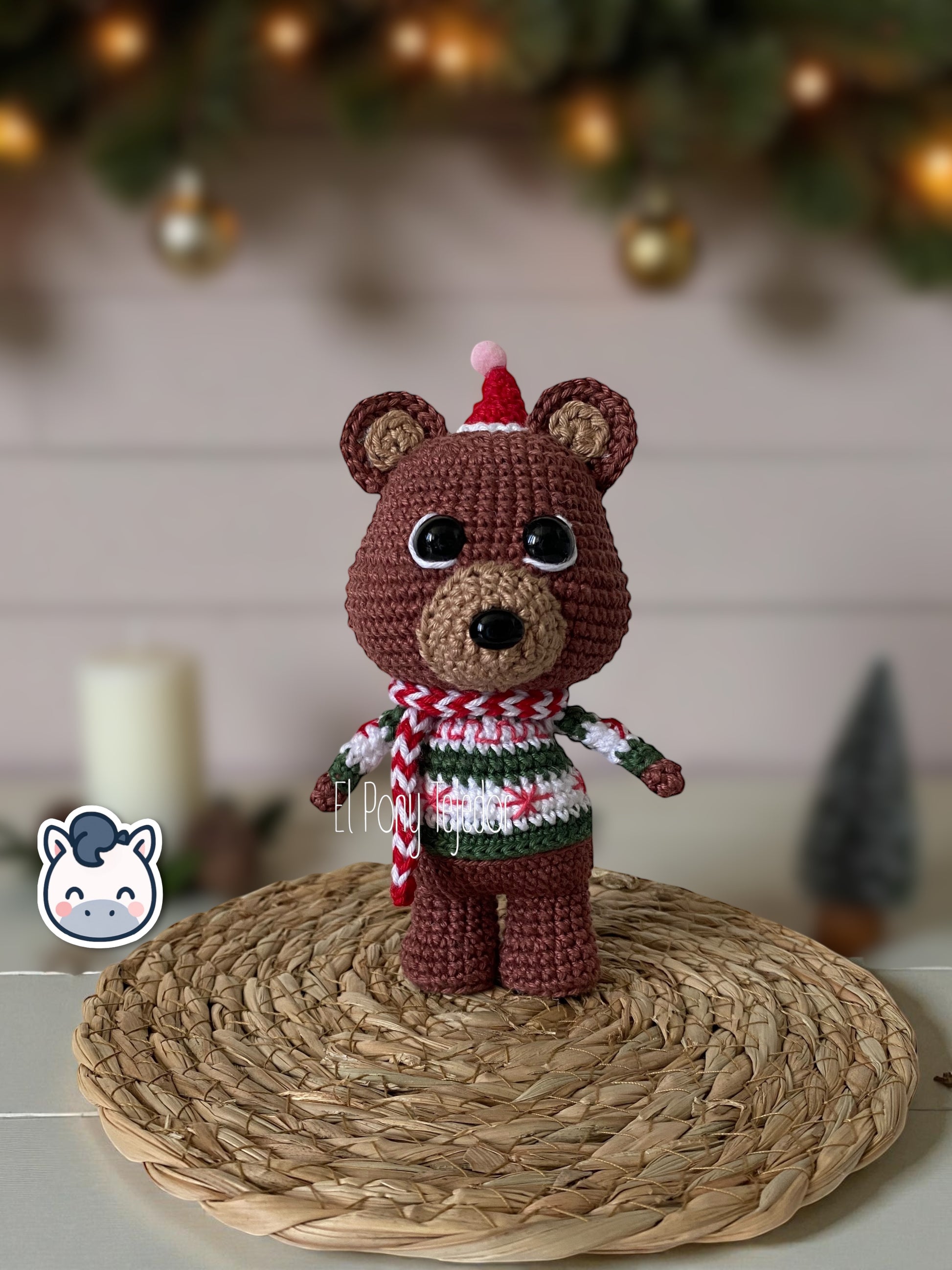 Handmade Christmas Bear plush amigurumi with cozy winter sweater and hat, perfect for Christmas décor and artisanal gift ideas.