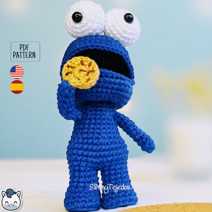 Handmade Cookie Monster amigurumi inspired by Sesame Street, a perfect pattern for fans of cookies, retro TV, and cute geek crochet.