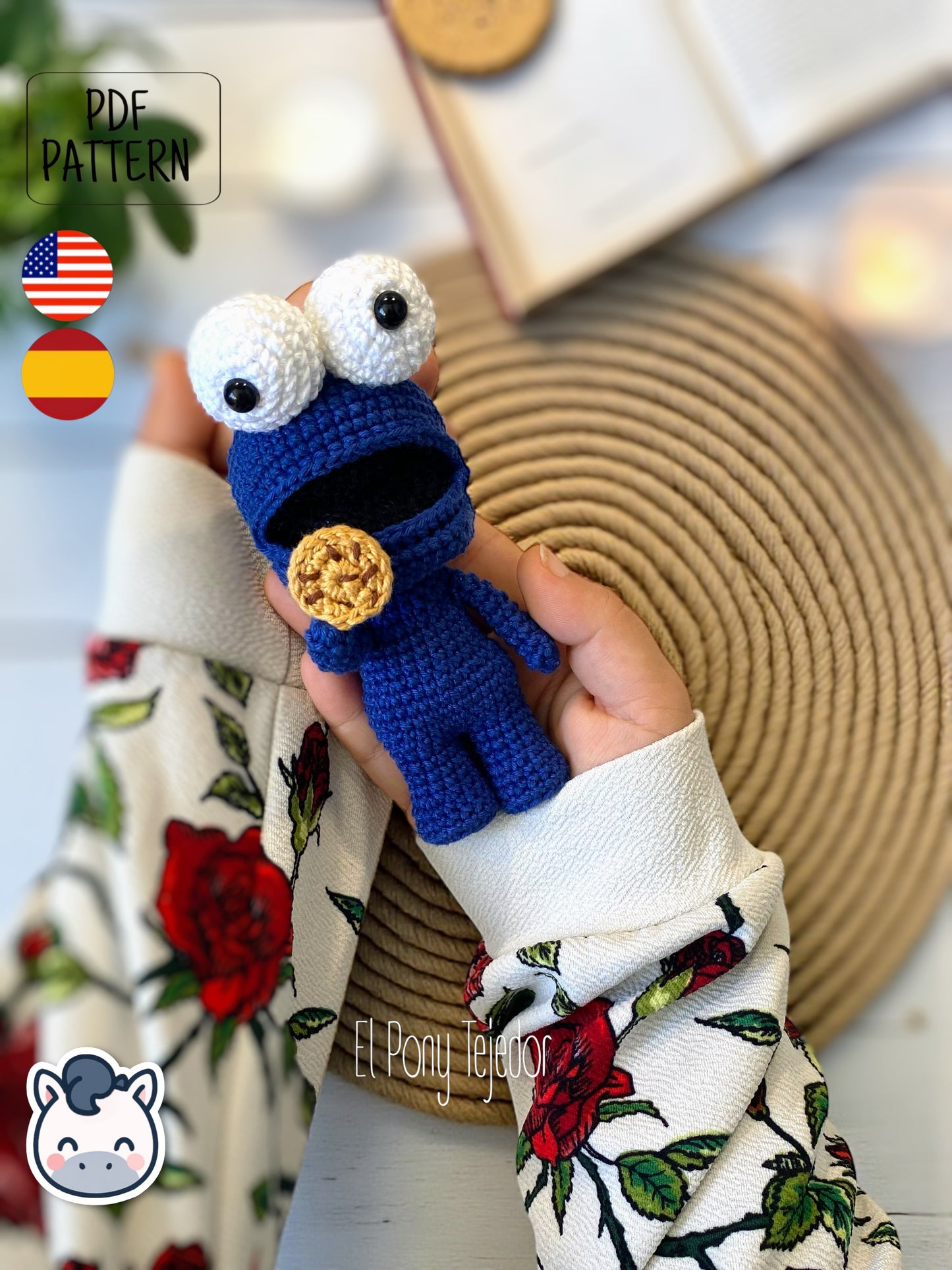 Handmade Cookie Monster amigurumi inspired by Sesame Street, a perfect pattern for fans of cookies, retro TV, and cute geek crochet.