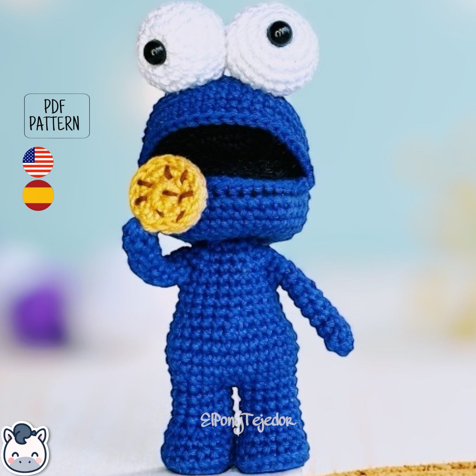 Handmade Cookie Monster amigurumi inspired by Sesame Street, a perfect pattern for fans of cookies, retro TV, and cute geek crochet.