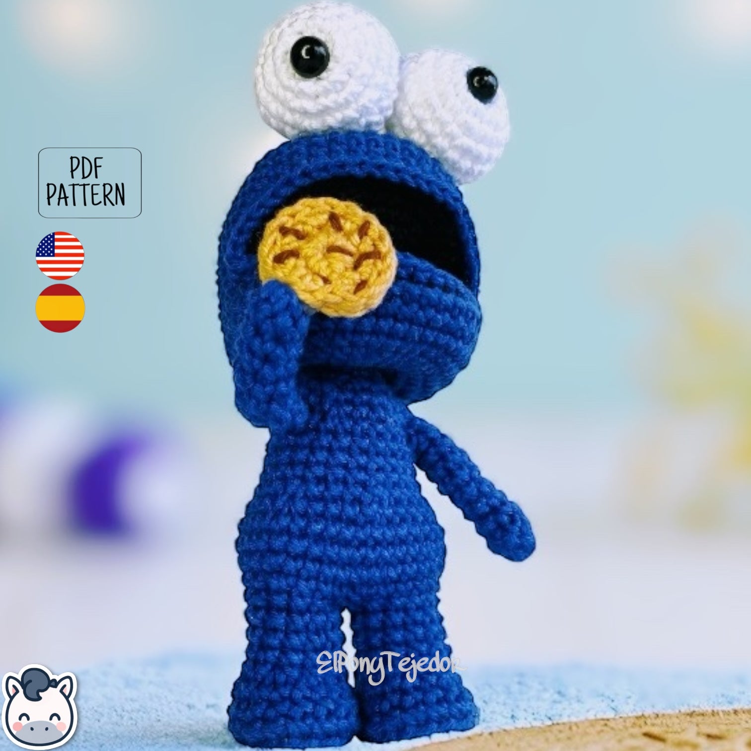 Handmade Cookie Monster amigurumi inspired by Sesame Street, a perfect pattern for fans of cookies, retro TV, and cute geek crochet.