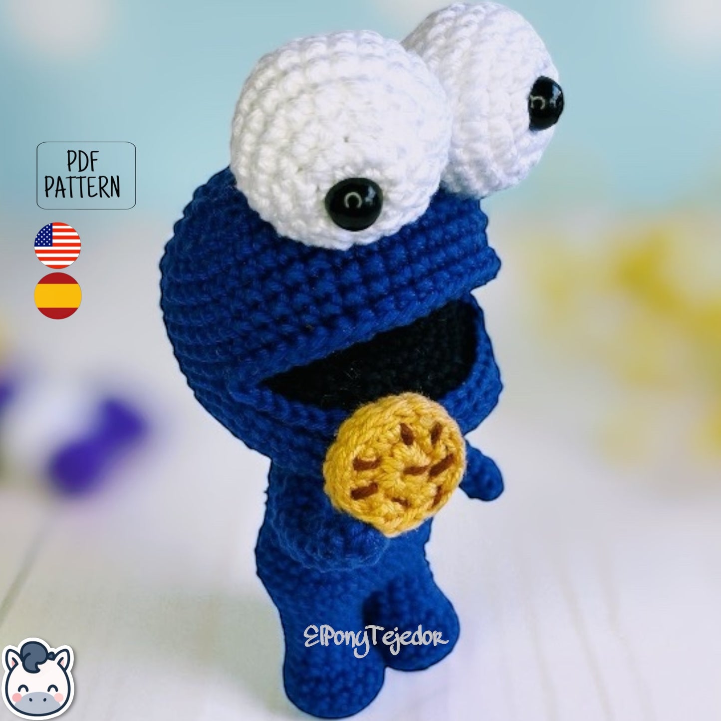 Handmade Cookie Monster amigurumi inspired by Sesame Street, a perfect pattern for fans of cookies, retro TV, and cute geek crochet.