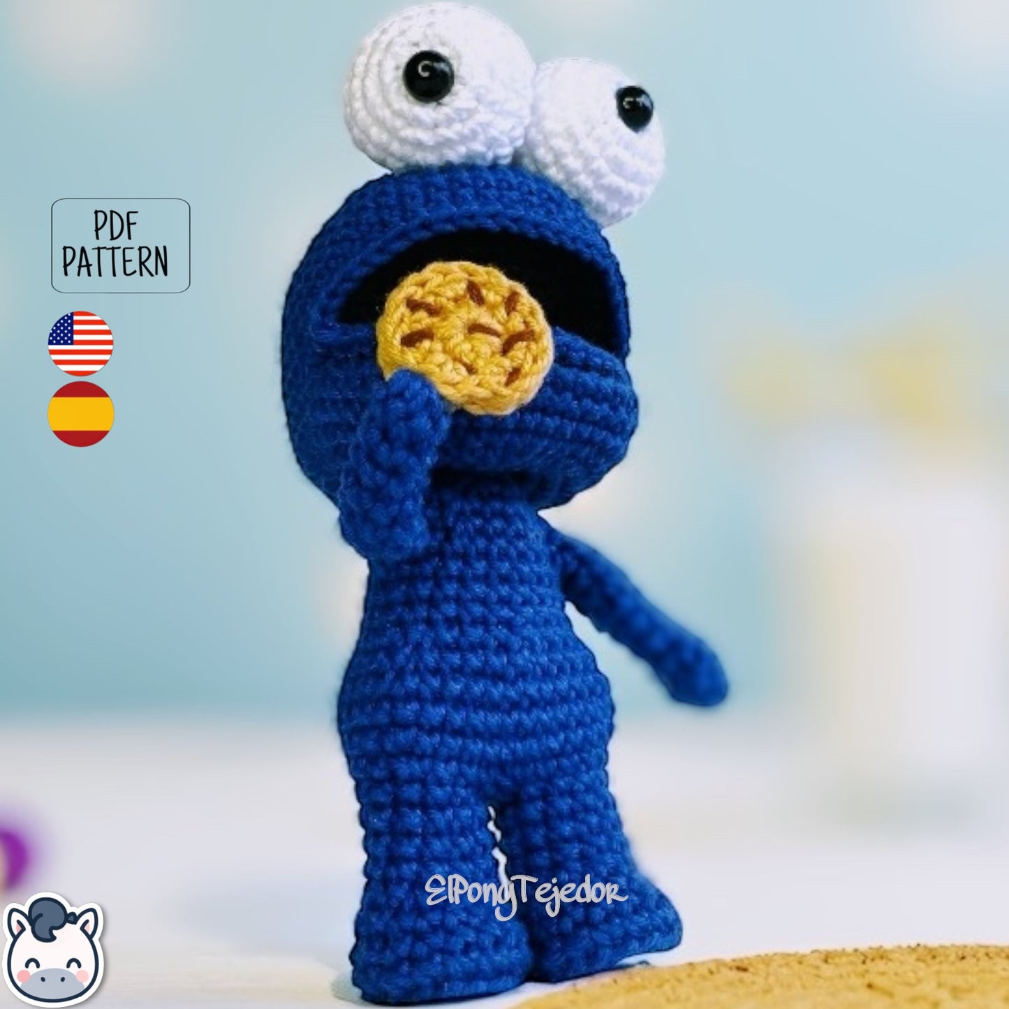 Handmade Cookie Monster amigurumi inspired by Sesame Street, a perfect pattern for fans of cookies, retro TV, and cute geek crochet.