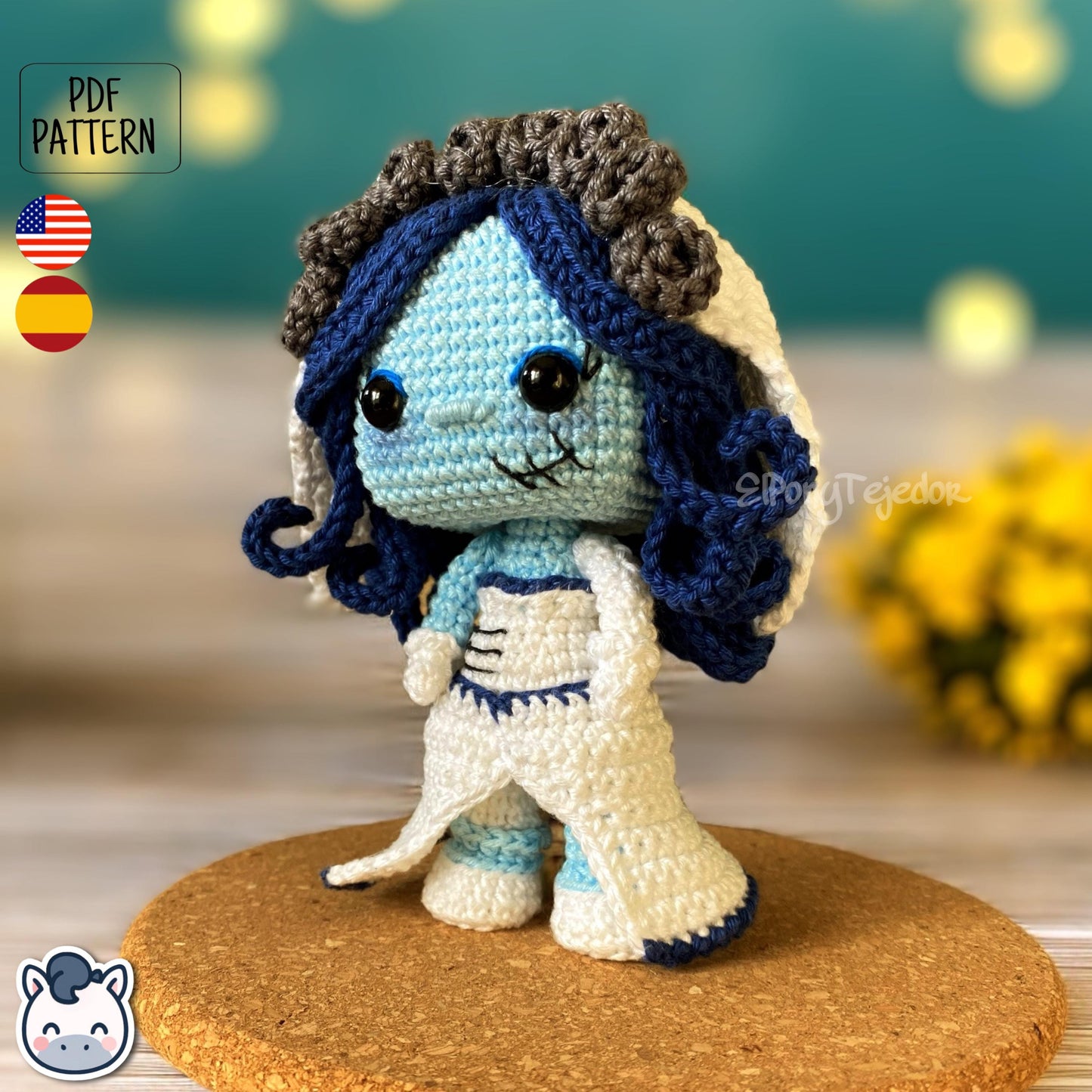 Handmade Corpse Bride amigurumi inspired by Tim Burton’s movie, a perfect pattern for fans of gothic romance, Halloween, and dark fairy tales.