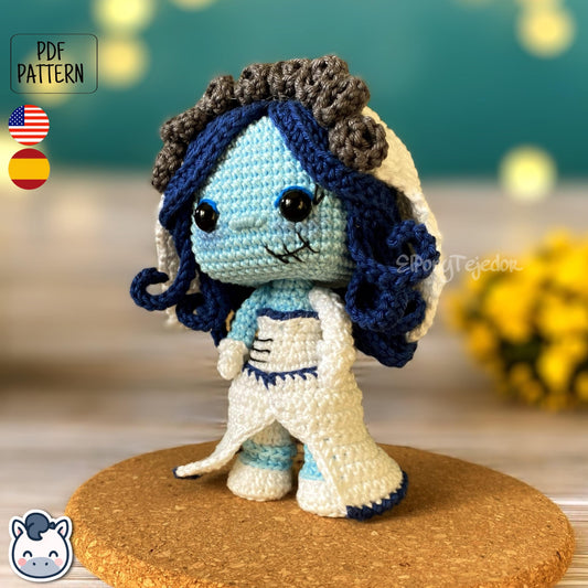 Handmade Corpse Bride amigurumi inspired by Tim Burton’s movie, a perfect pattern for fans of gothic romance, Halloween, and dark fairy tales.