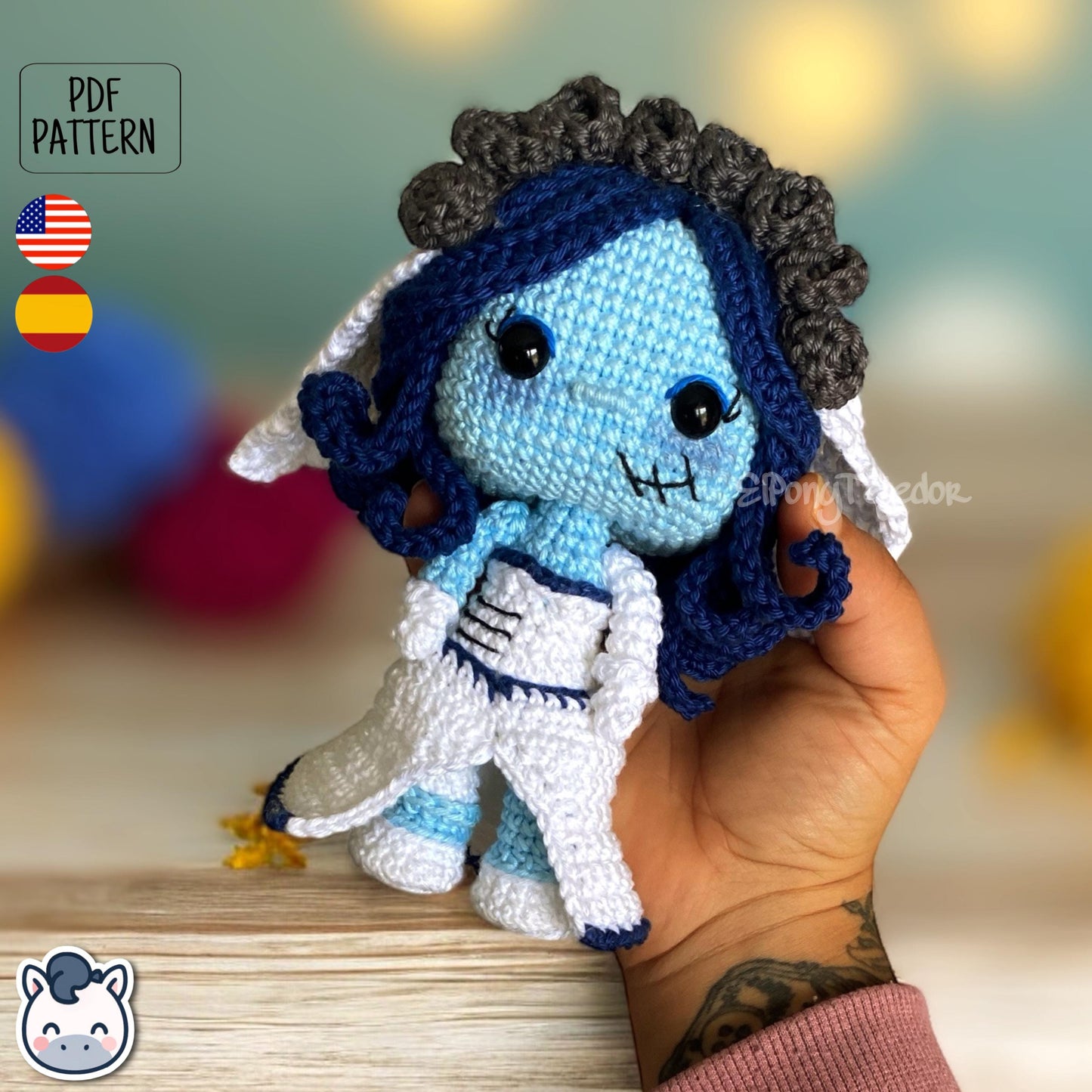Handmade Corpse Bride amigurumi inspired by Tim Burton’s movie, a perfect pattern for fans of gothic romance, Halloween, and dark fairy tales.