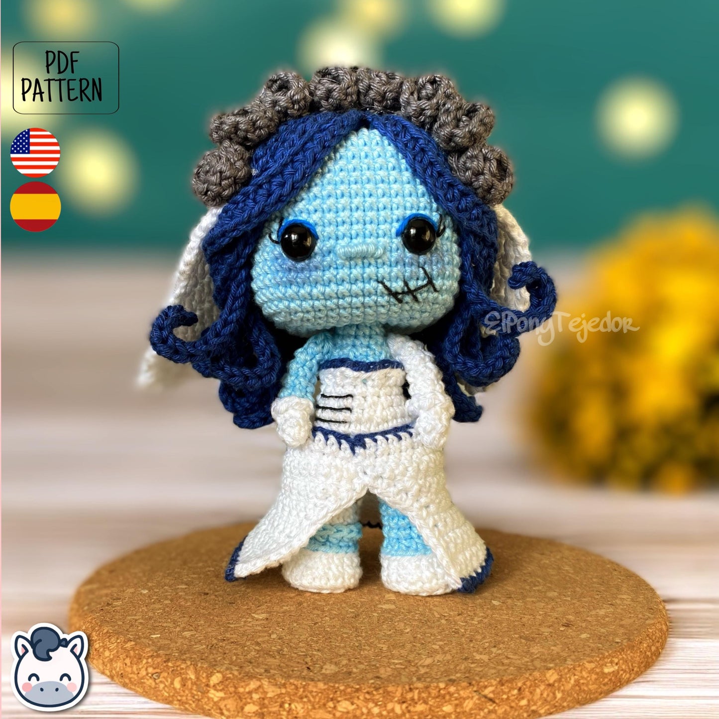 Handmade Corpse Bride amigurumi inspired by Tim Burton’s movie, a perfect pattern for fans of gothic romance, Halloween, and dark fairy tales.