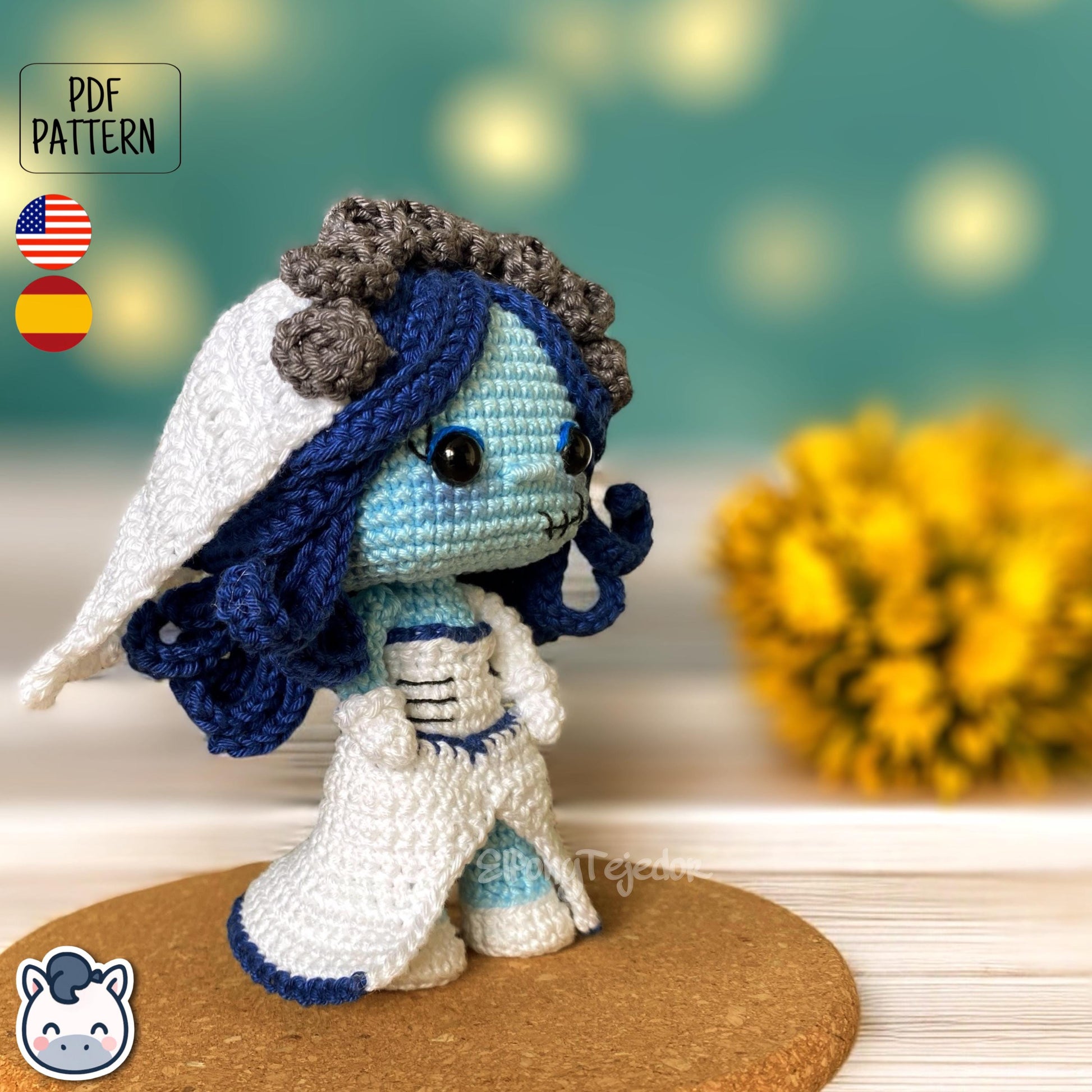 Handmade Corpse Bride amigurumi inspired by Tim Burton’s movie, a perfect pattern for fans of gothic romance, Halloween, and dark fairy tales.