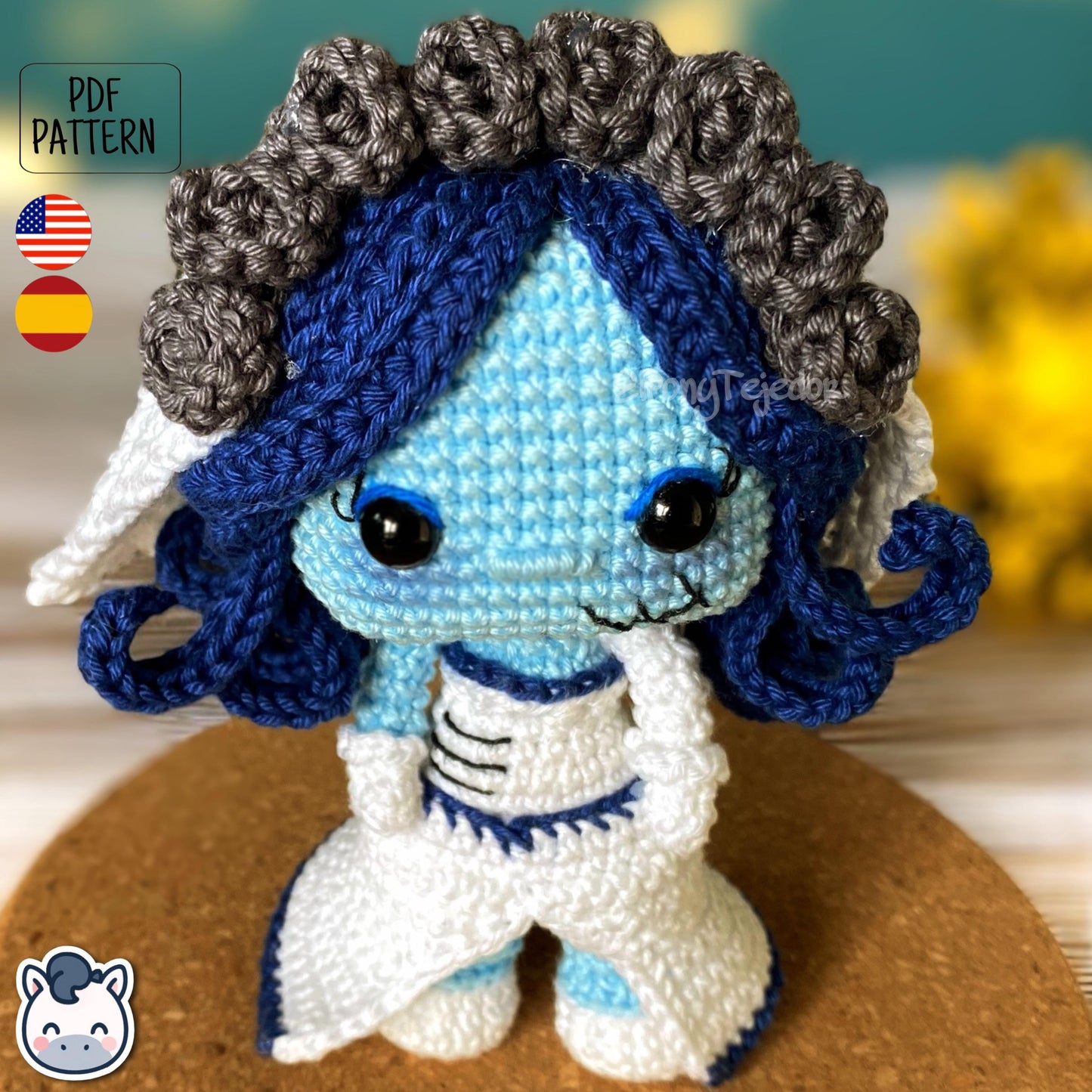 Handmade Corpse Bride amigurumi inspired by Tim Burton’s movie, a perfect pattern for fans of gothic romance, Halloween, and dark fairy tales.