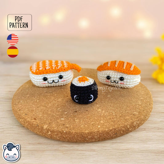 This Nigiri and Maki sushi crochet pattern PDF is a handmade geek amigurumi plush keychain set inspired by cute Japanese food. This kawaii-style crochet pattern includes a full step-by-step photo tutorial to help you make your own adorable sushi nigiri and maki keychains. Perfect for sushi lovers, geek collectors, and handmade enthusiasts. Available in English and Spanish as a digital instant download for your next crochet project.