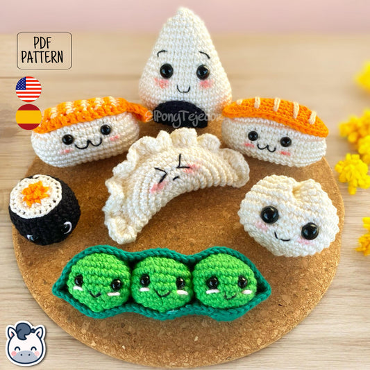 This Sushi, Edamame, Dumpling, and Gyoza crochet pattern PDF is a handmade geek amigurumi plush set inspired by cute Japanese food. This kawaii-style crochet pattern includes step-by-step photo tutorials to help you create your own adorable sushi roll, edamame bean, dumpling, and gyoza plush toys. Perfect for food lovers, geek collectors, and handmade enthusiasts. Available in English and Spanish as a digital instant download.