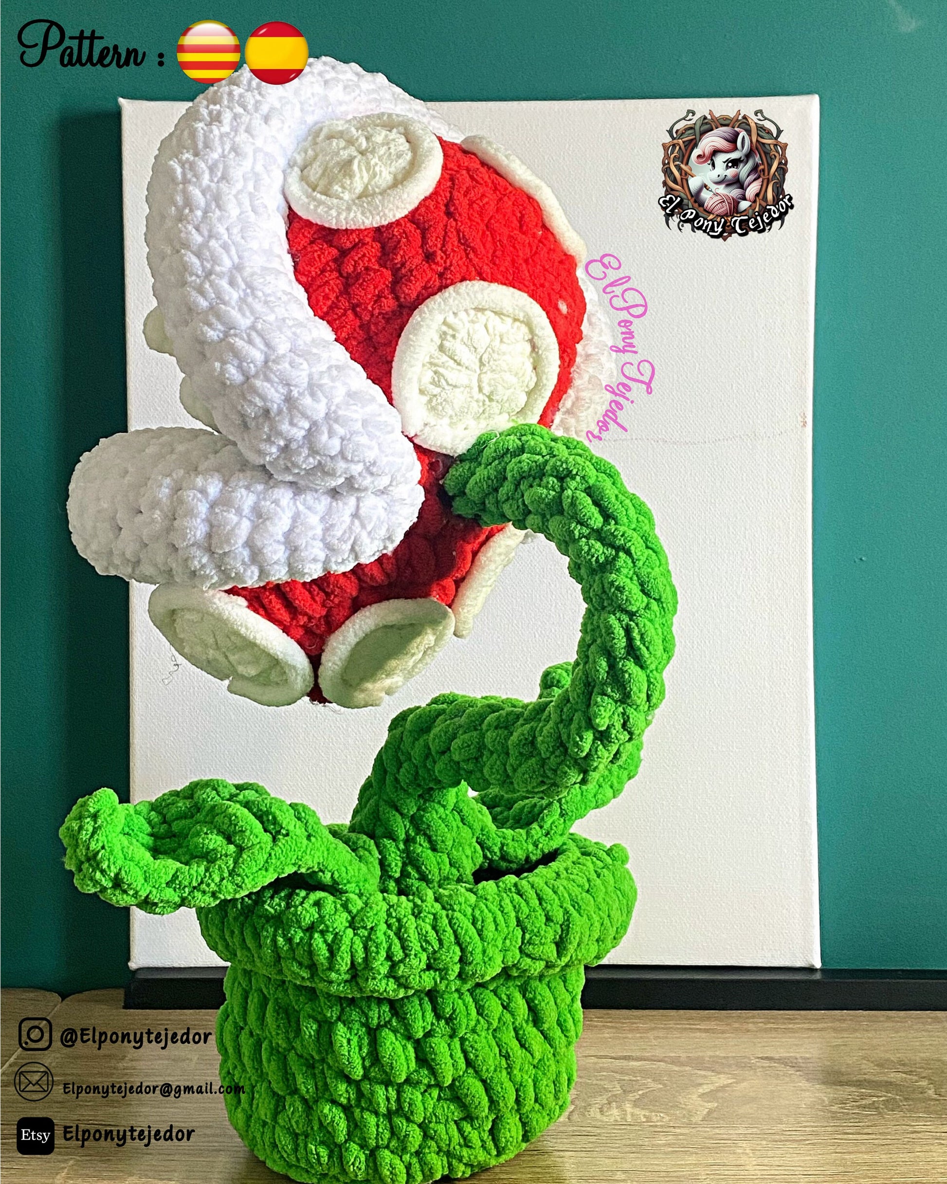 Handmade Piranha Plant amigurumi inspired by Nintendo’s Super Mario Bros., a perfect pattern for fans of Mario, retro gaming, and geek crochet collectibles.