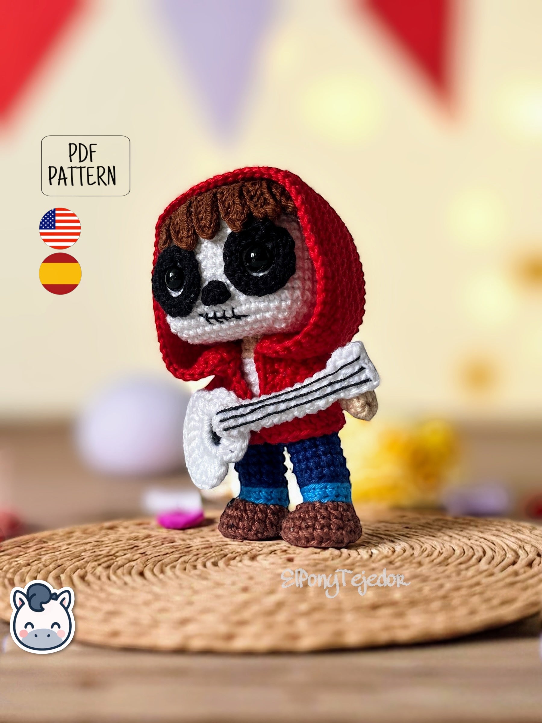 Handmade Miguel amigurumi inspired by Disney and Pixar’s Coco, a perfect pattern for fans of Día de Muertos, Halloween, and musical crochet art.