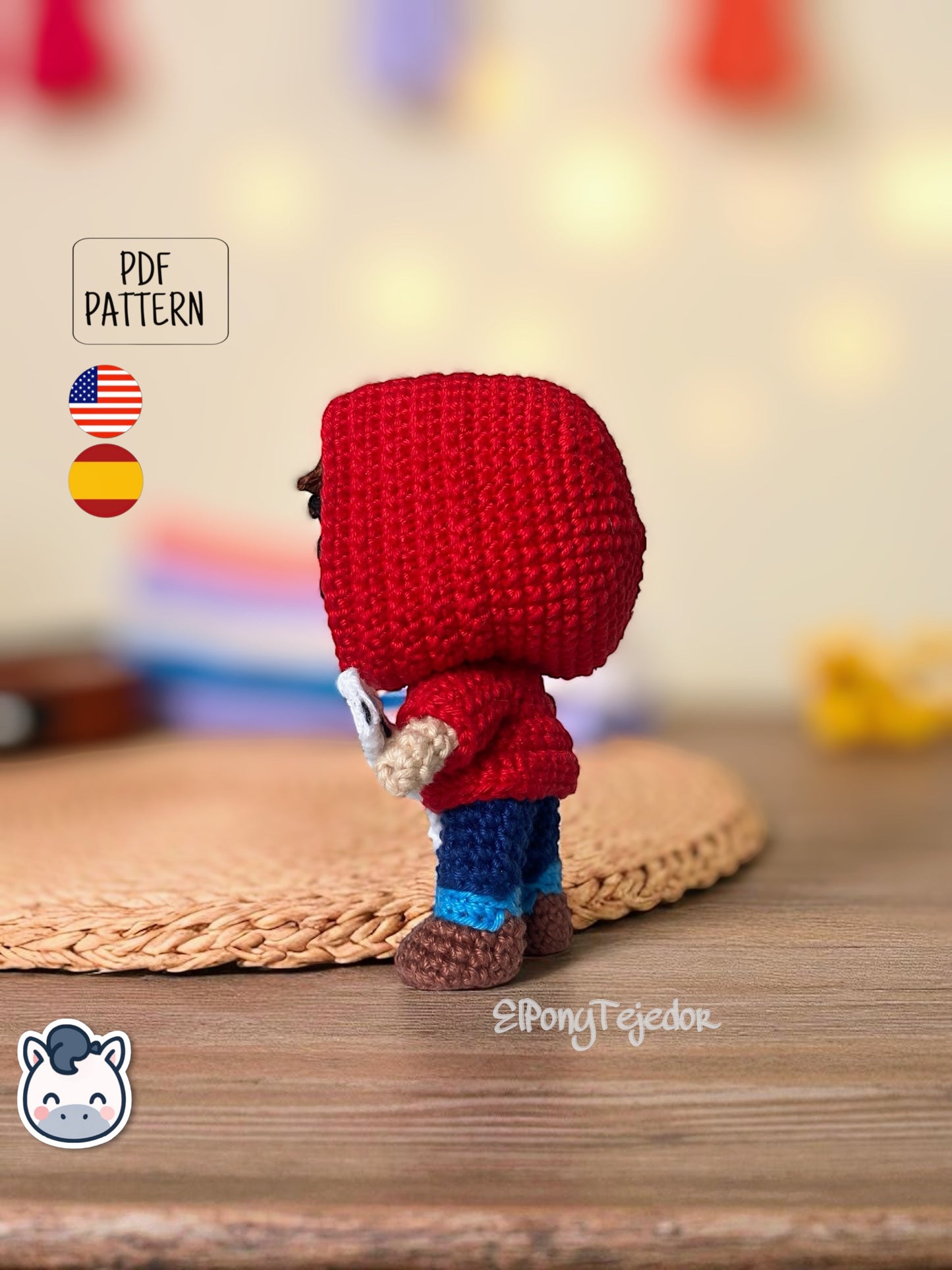 Handmade Miguel amigurumi inspired by Disney and Pixar’s Coco, a perfect pattern for fans of Día de Muertos, Halloween, and musical crochet art.