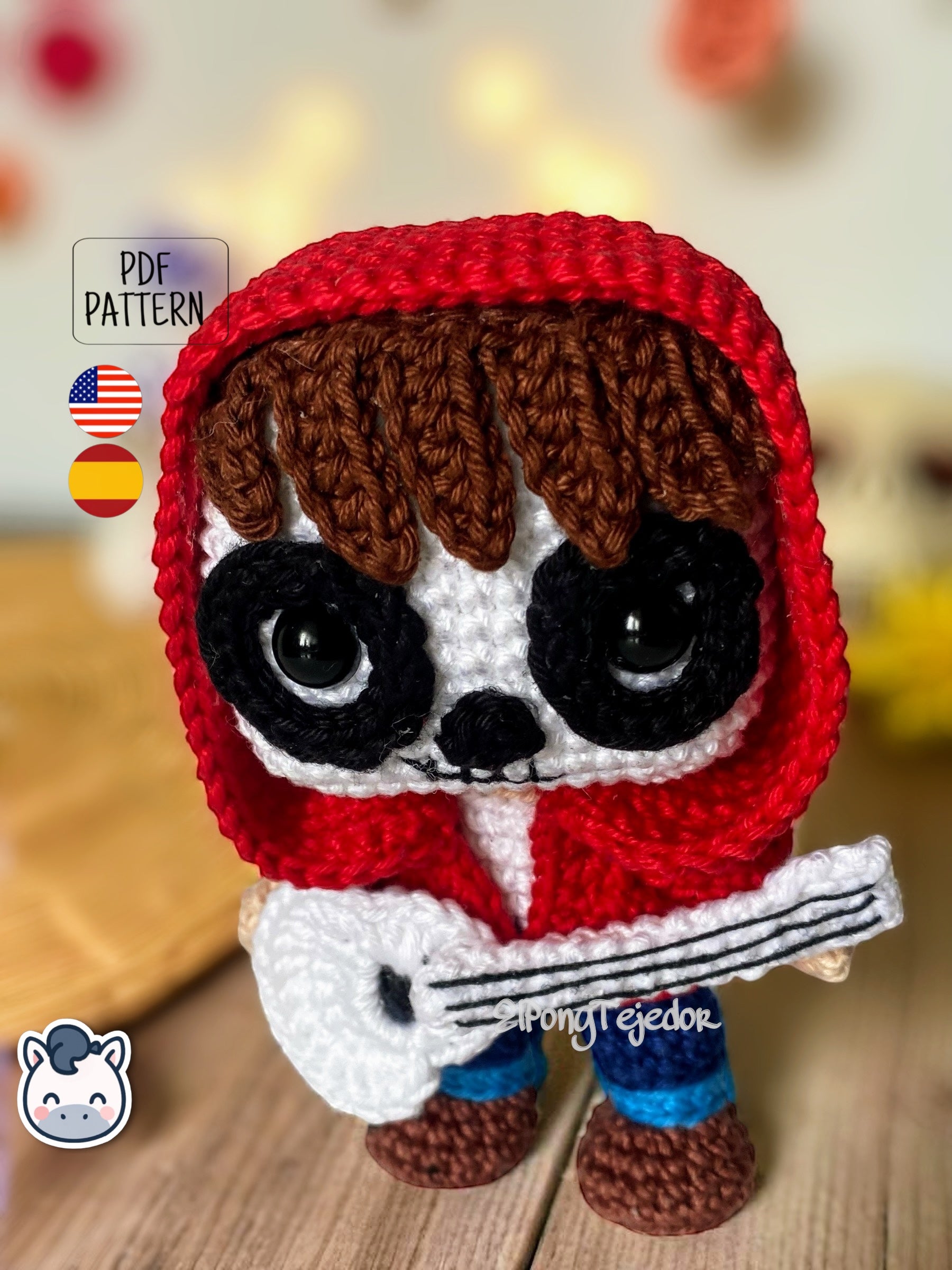 Handmade Miguel amigurumi inspired by Disney and Pixar’s Coco, a perfect pattern for fans of Día de Muertos, Halloween, and musical crochet art.