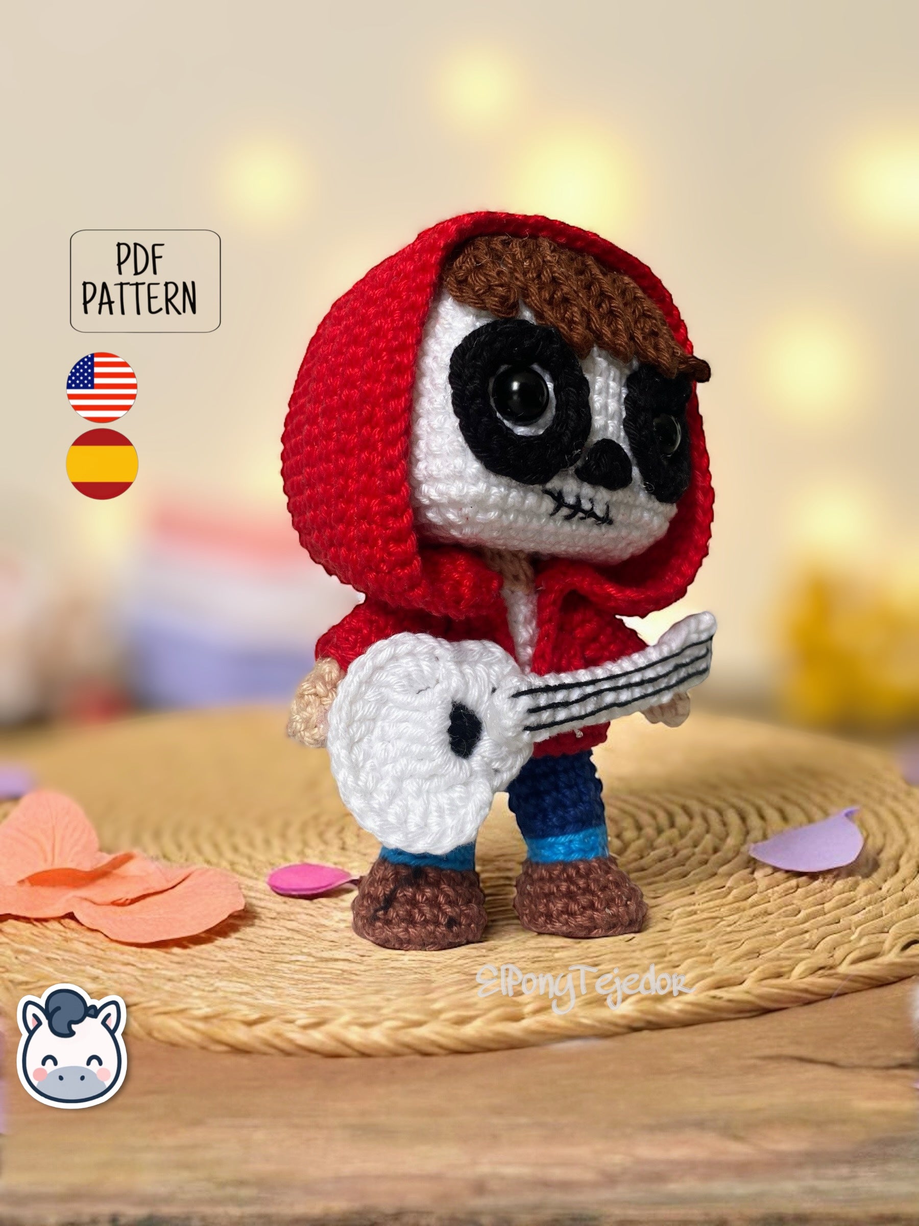 Handmade Miguel amigurumi inspired by Disney and Pixar’s Coco, a perfect pattern for fans of Día de Muertos, Halloween, and musical crochet art.