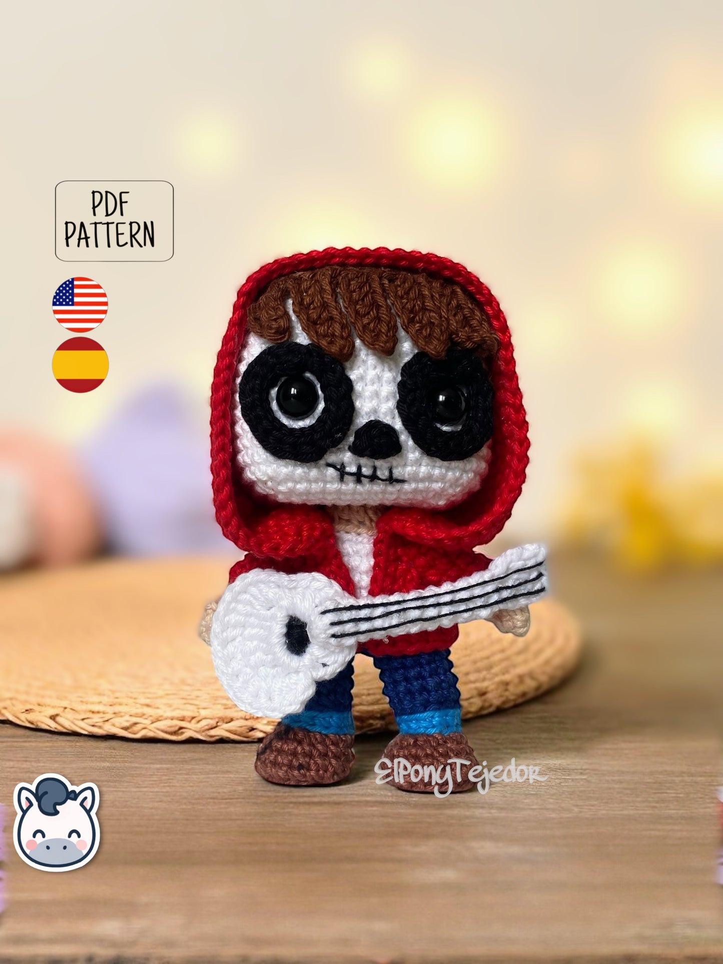 Handmade Miguel amigurumi inspired by Disney and Pixar’s Coco, a perfect pattern for fans of Día de Muertos, Halloween, and musical crochet art.
