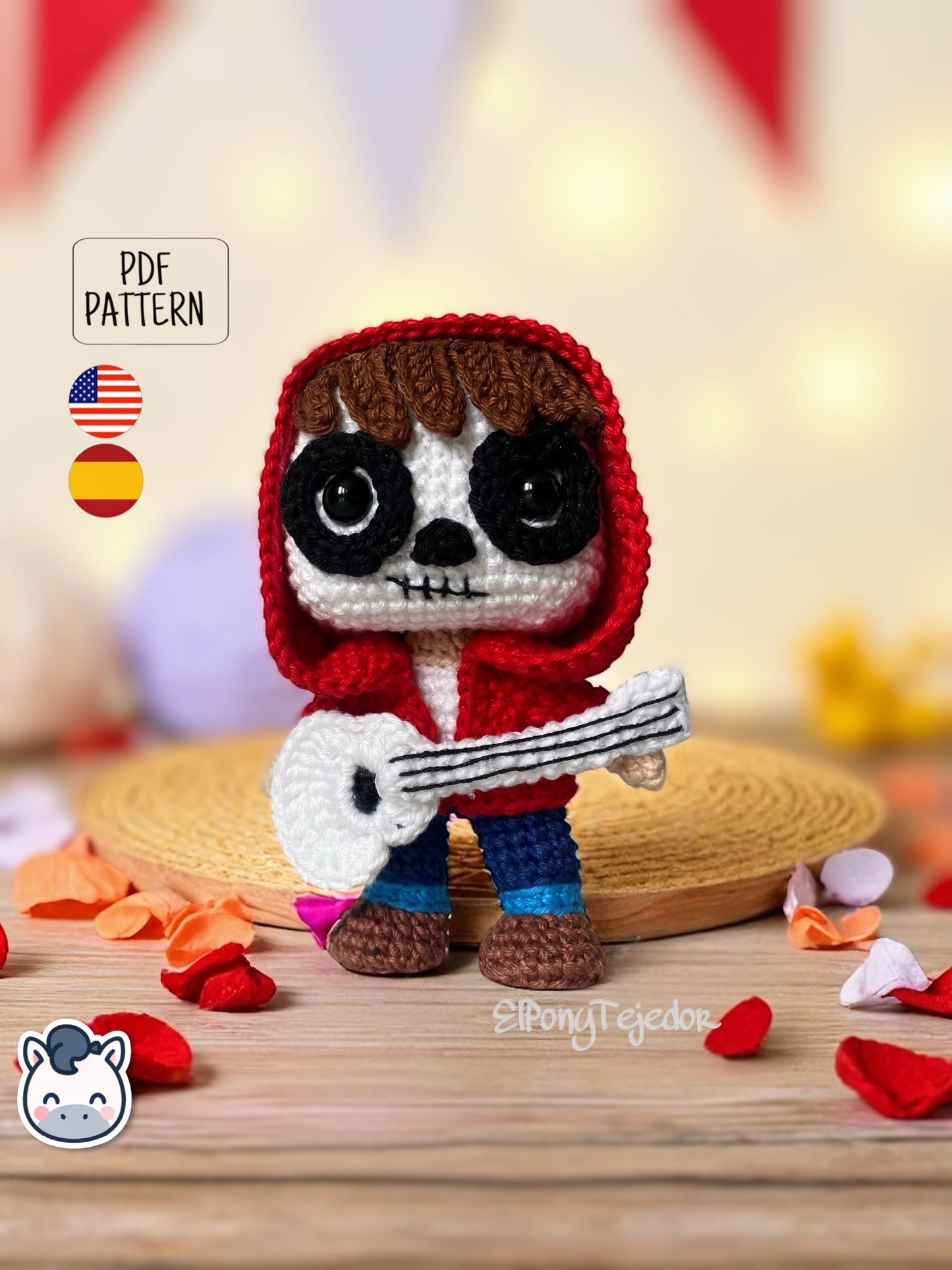 Handmade Miguel amigurumi inspired by Disney and Pixar’s Coco, a perfect pattern for fans of Día de Muertos, Halloween, and musical crochet art.