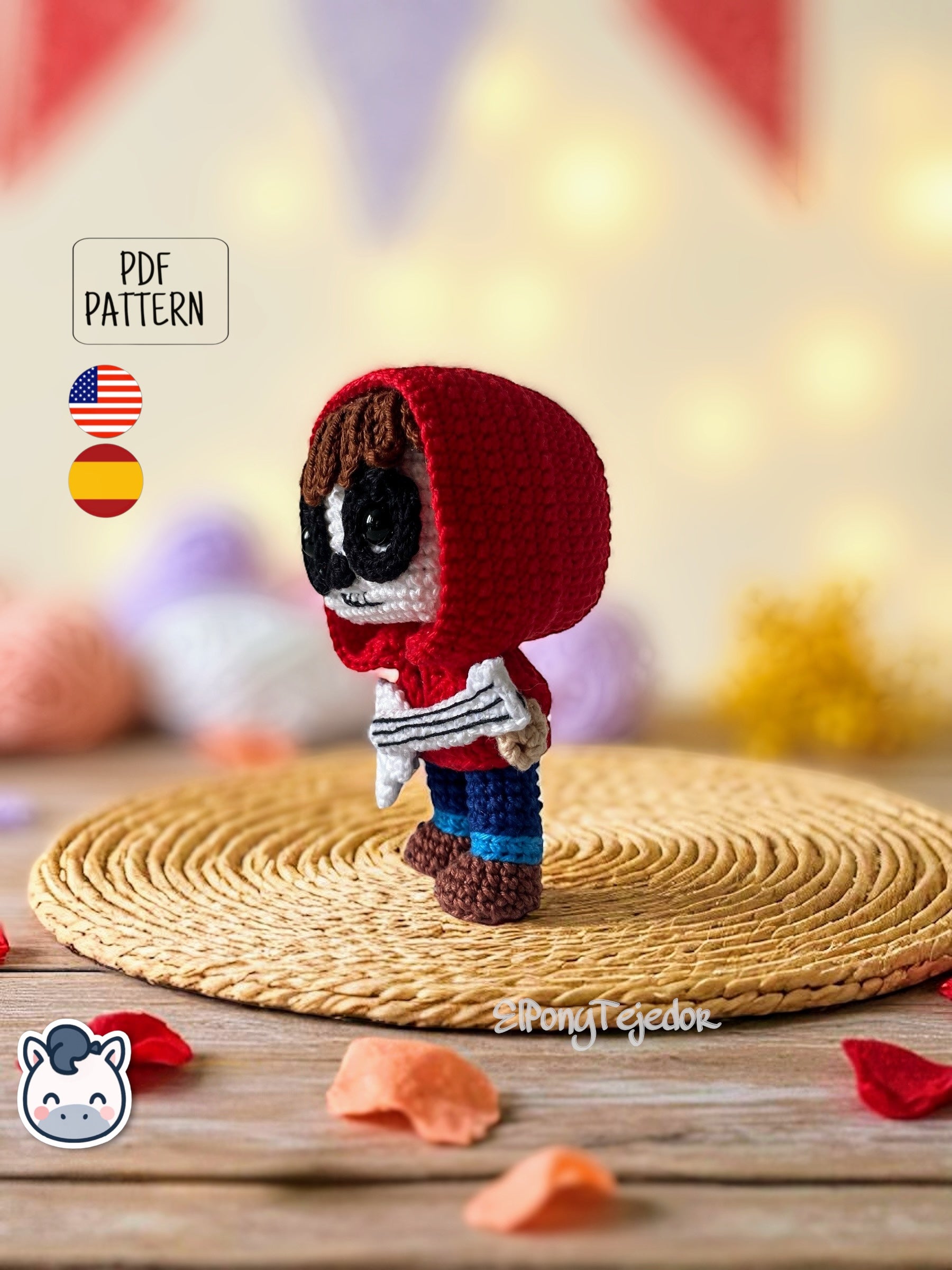 Handmade Miguel amigurumi inspired by Disney and Pixar’s Coco, a perfect pattern for fans of Día de Muertos, Halloween, and musical crochet art.