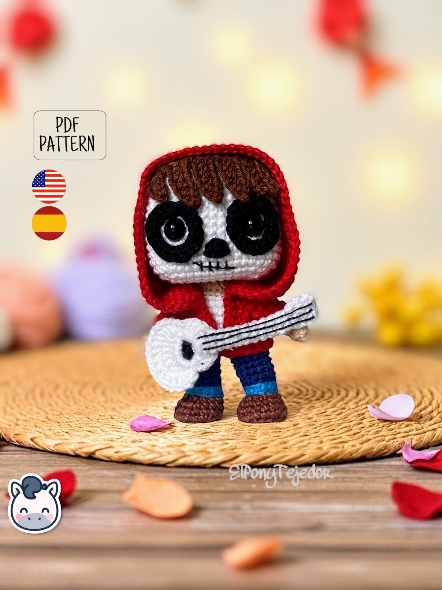 Handmade Miguel amigurumi inspired by Disney and Pixar’s Coco, a perfect pattern for fans of Día de Muertos, Halloween, and musical crochet art.