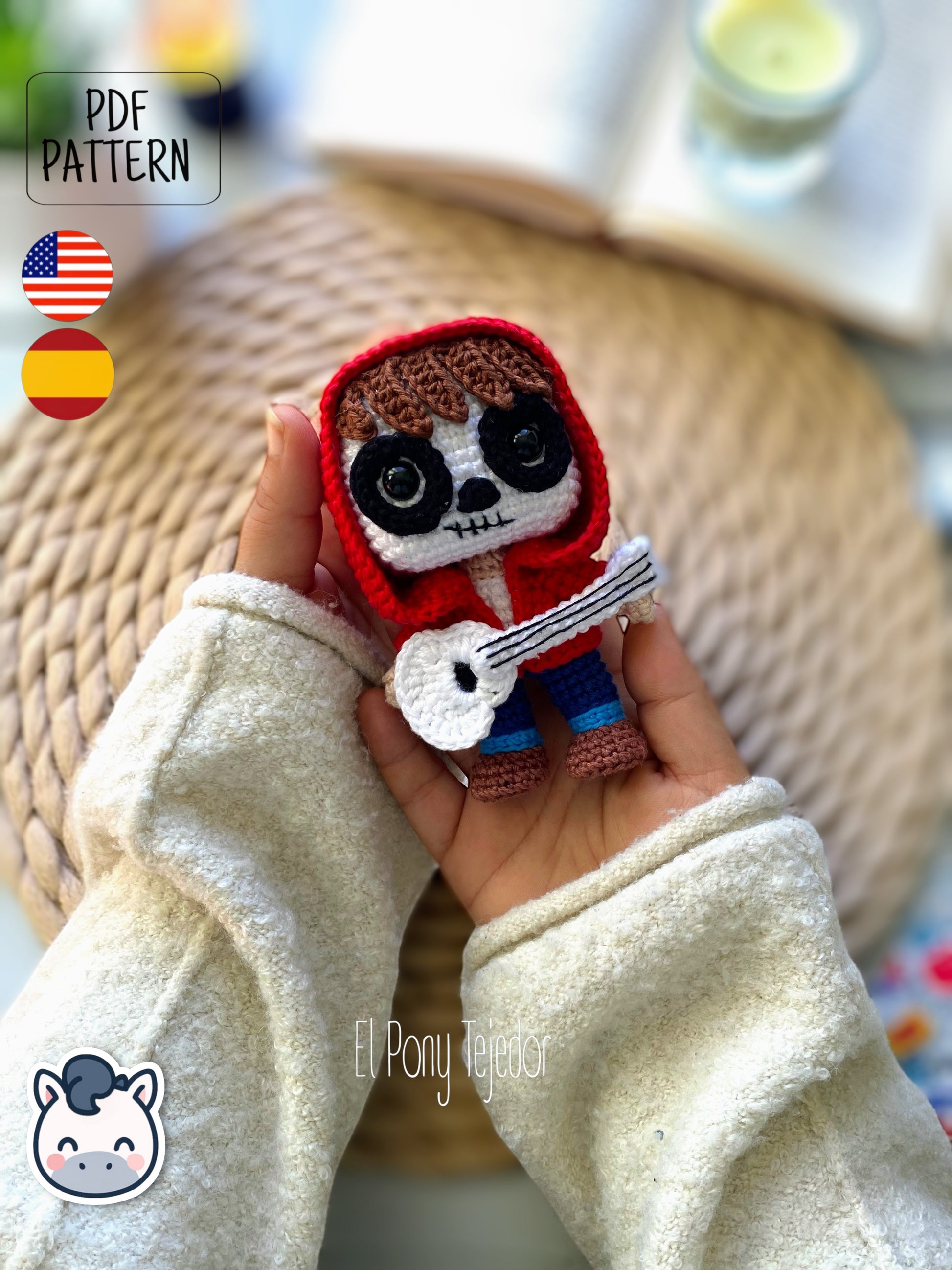 Handmade Miguel amigurumi inspired by Disney and Pixar’s Coco, a perfect pattern for fans of Día de Muertos, Halloween, and musical crochet art.