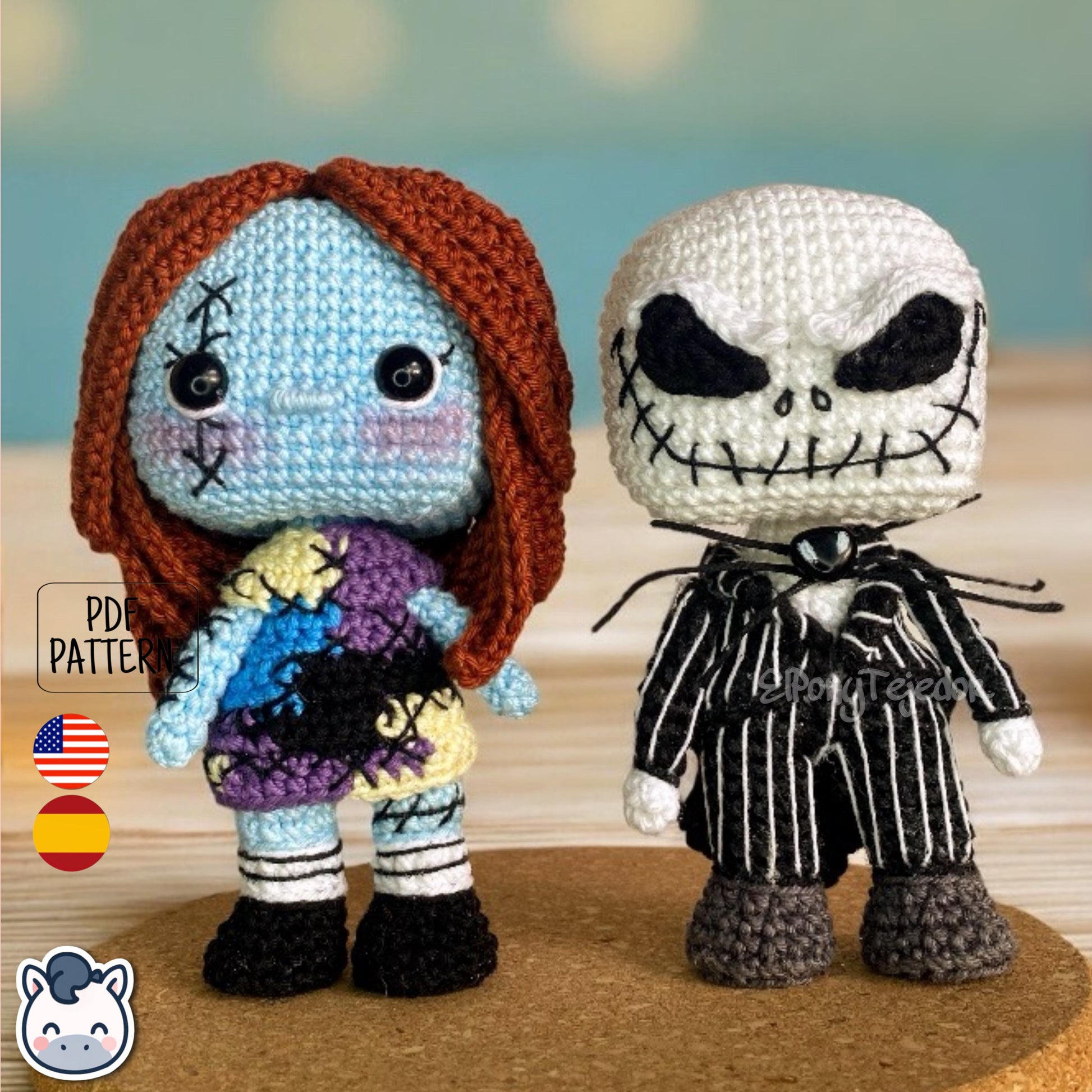 Handmade Jack and Sally amigurumi inspired by The Nightmare Before Christmas, cute Halloween crochet pattern PDF.