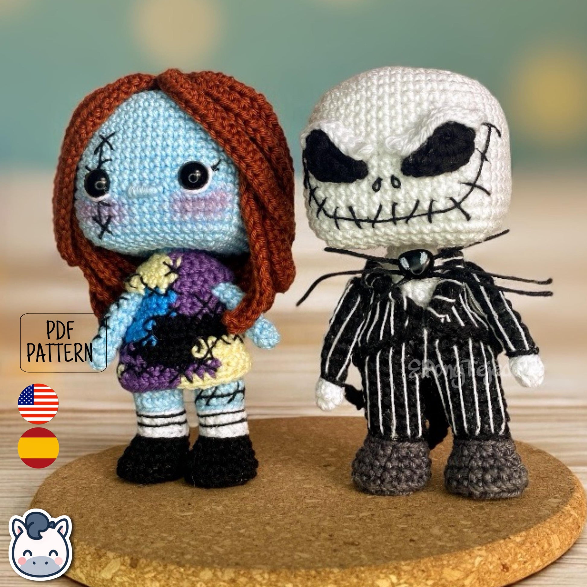 Handmade Jack and Sally amigurumi inspired by The Nightmare Before Christmas, cute Halloween crochet pattern PDF.