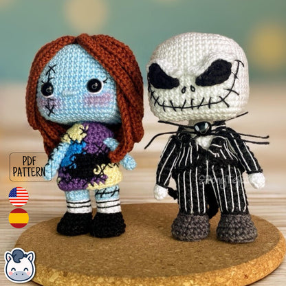 Handmade Jack and Sally amigurumi inspired by The Nightmare Before Christmas, cute Halloween crochet pattern PDF.