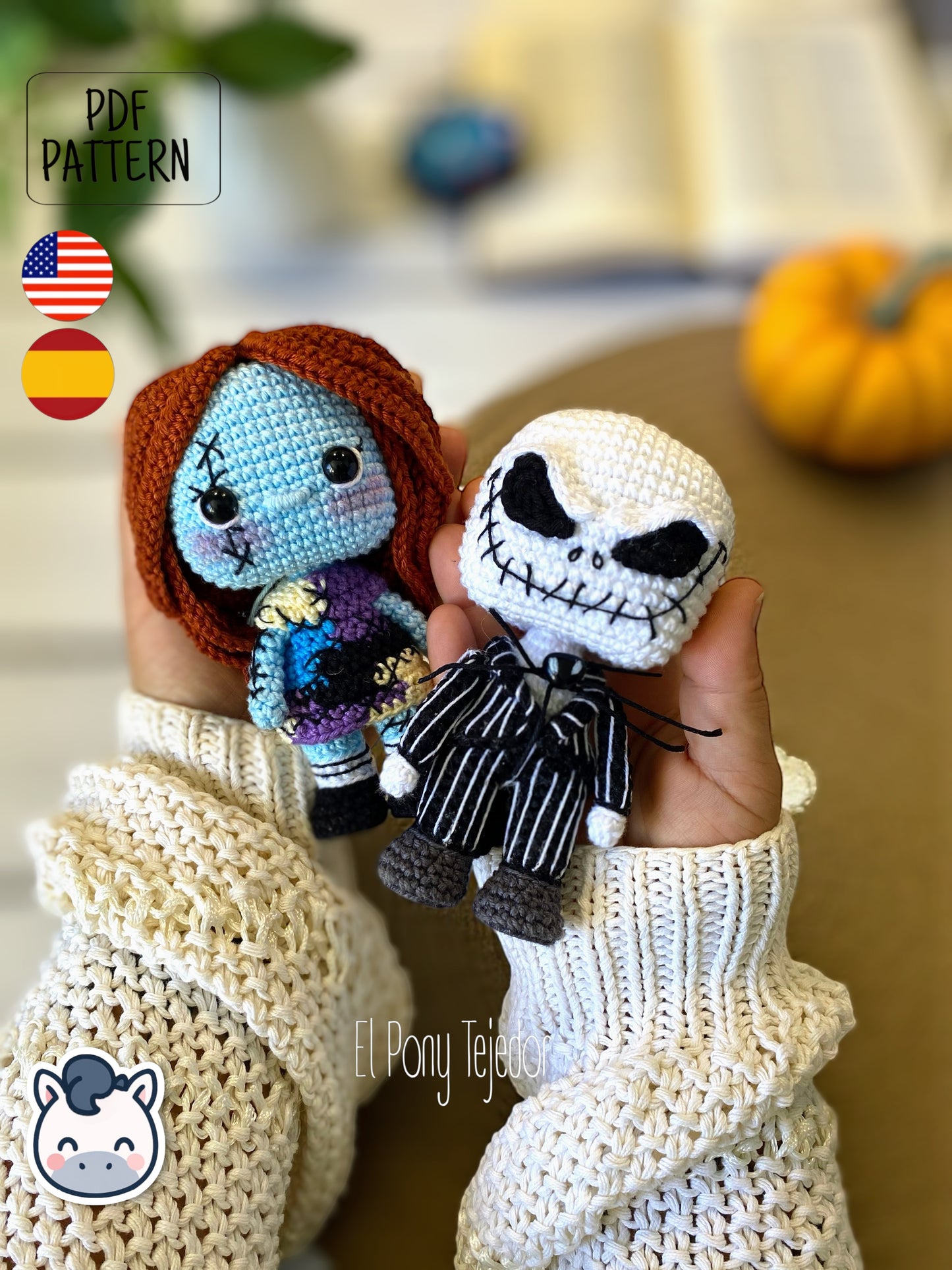 Handmade Jack and Sally amigurumi inspired by The Nightmare Before Christmas, cute Halloween crochet pattern PDF.