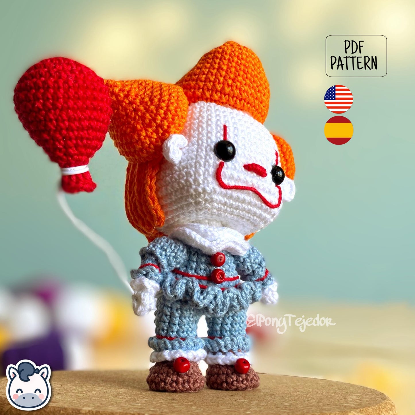 Handmade Pennywise amigurumi inspired by Stephen King’s IT, creepy clown horror crochet pattern PDF perfect for Halloween and geek fans.