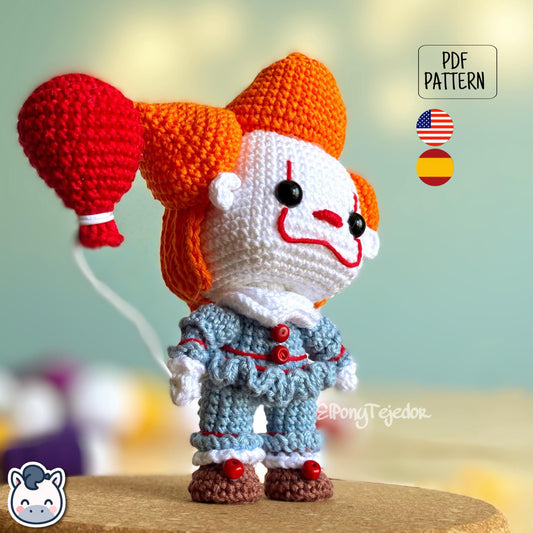 Handmade Pennywise amigurumi inspired by Stephen King’s IT, creepy clown horror crochet pattern PDF perfect for Halloween and geek fans.