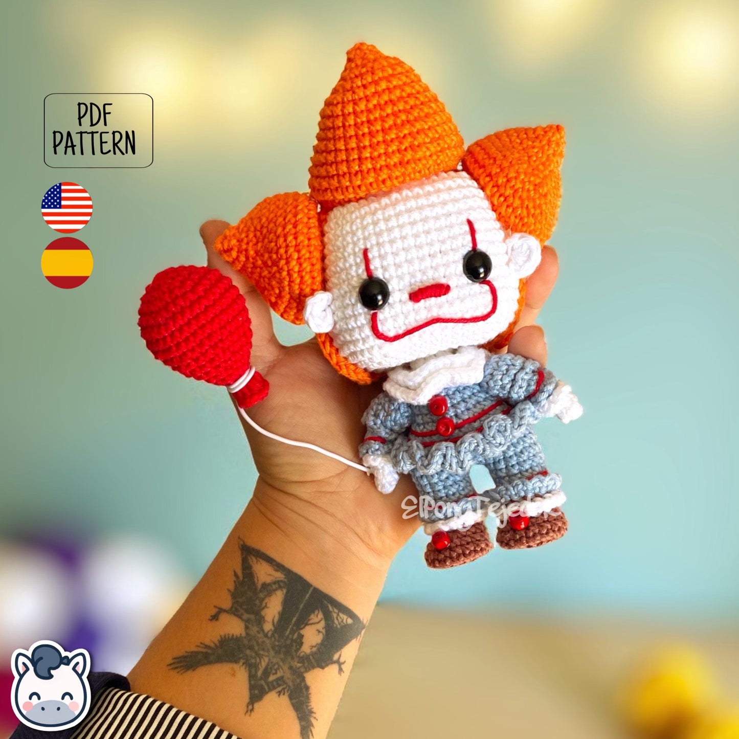 Handmade Pennywise amigurumi inspired by Stephen King’s IT, creepy clown horror crochet pattern PDF perfect for Halloween and geek fans.