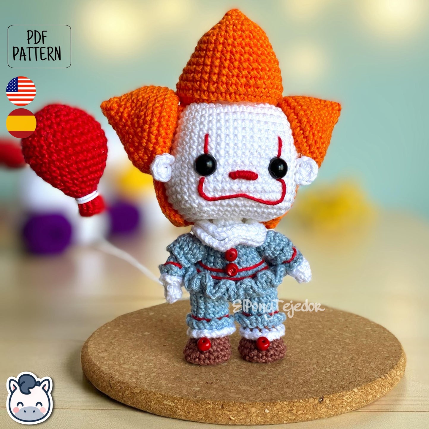 Handmade Pennywise amigurumi inspired by Stephen King’s IT, creepy clown horror crochet pattern PDF perfect for Halloween and geek fans.