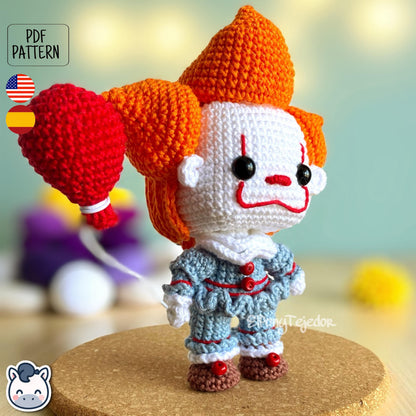 Handmade Pennywise amigurumi inspired by Stephen King’s IT, creepy clown horror crochet pattern PDF perfect for Halloween and geek fans.