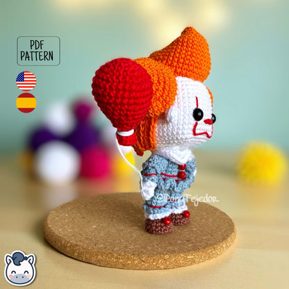Handmade Pennywise amigurumi inspired by Stephen King’s IT, creepy clown horror crochet pattern PDF perfect for Halloween and geek fans.